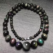 1pcs Natural Eyes Rainbow Black Obsidian Gemstone Round Beads Necklace 5-16mm