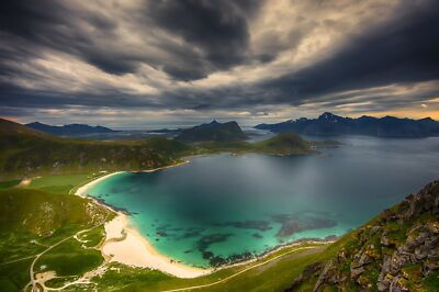 Landscape beach island sea mountains norway clouds road Custom Gaming Mat Desk