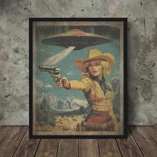 Vintage UFO COWGIRL Western Wall Art, Gun Hunting Alien Cosmic UAP Sci-fi Decor