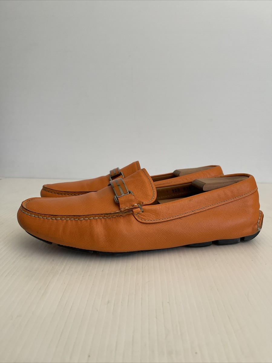Prada Mens Saffiano Leather Slip On Driving Loafer - Orange  display picture 1