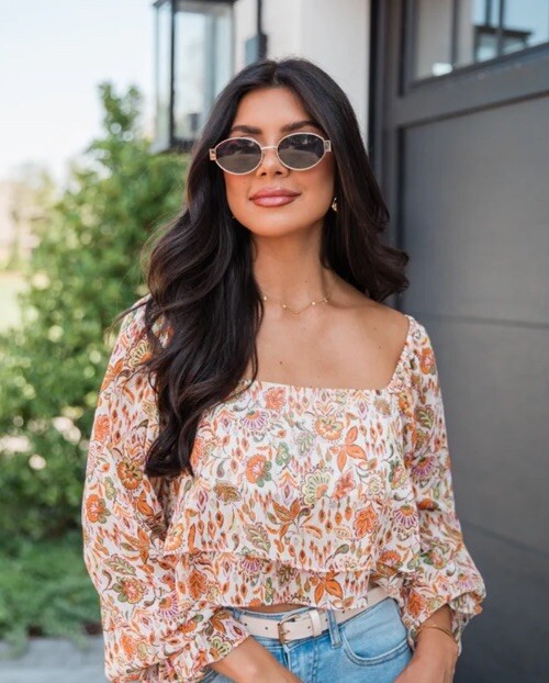 Pink Lily In A Dream Multi Floral Tiered Hem Square Neck Top Size Large