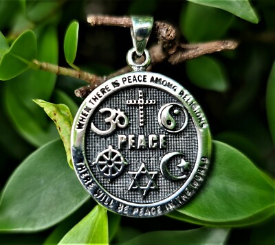 Sacred Symbols Pendant 925 Sterling Silver Peace CO-EXIST Yin Yang Crescent Moon