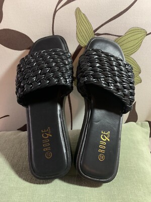 Rouge Helium Sandals Womens Braided Open Toe Slides Platfo Black Slip  On NEW