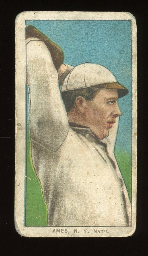 1909-11 T206 Baseball #8 Red Ames (Hands Above Head) Polar Bear PR