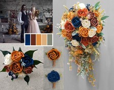 Burnt Orange Navy Bridal Bouquet Fall Colors Wedding Flowers Sola Wood Cascade