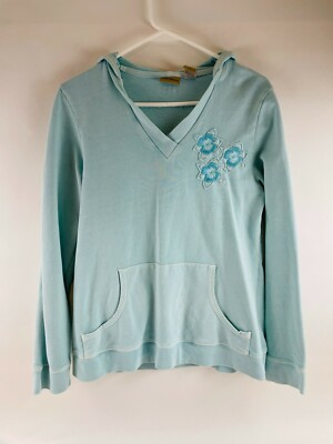 Ruff Hewn Hooded Jacket Women's Size M Pullover Embroidered Floral Blue V-Neck