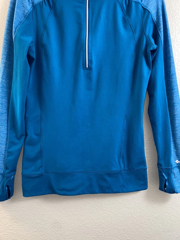Pullover Moving Comfort para mujer L/S Top 1/4 cremallera agujeros para el pulgar azul talla M para correr Foto 3 de 4