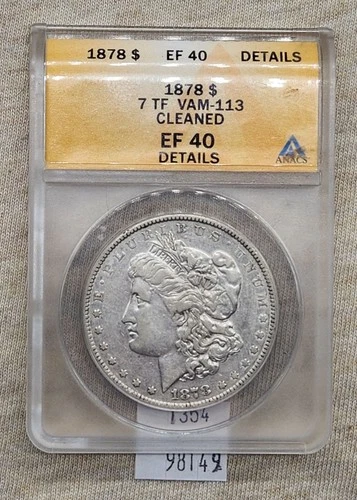 WPCoins ~ 1878 Morgan Dollar 7 Tail Feather ANACS Cleaned EF-40 Details