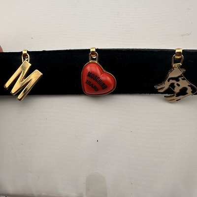 Vtg Moschino Black Suede Charm Belt Sm Cow Heart Smiley Face  display picture 1