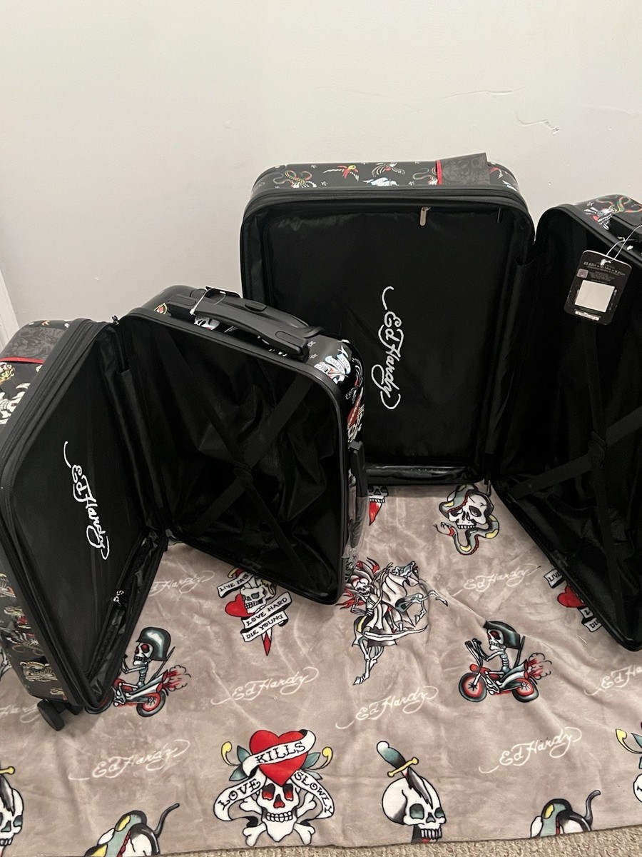 Ed Hardy Black Graphic Tattoo Love Kills Slowly 2pc Luggage Set 23
