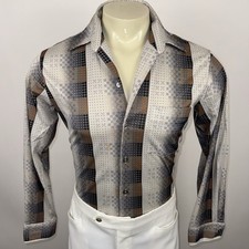 Vintage Disco Shirt Mens Medium Geometric Abstract Beatnik Polyester Mod 60s 70s