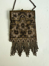 Vintage Art Deco Beaded Metal Frame Evening Bag Chain Strap Fringe Tassels