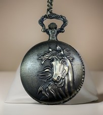 Horse Pocket Watch Quartz Bronze Tone Open Face w/ Chain Raised Horse Design W12