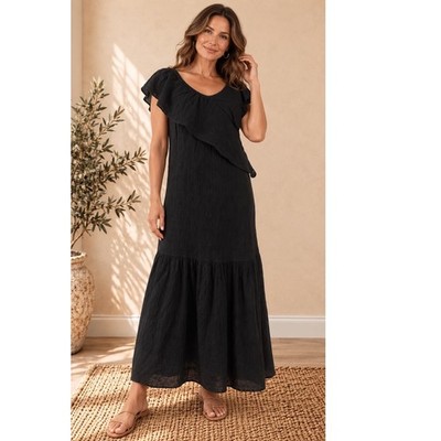Cuyana Maxi Flounce Dress Black Ruffle Off Shoulder Medium Cotton Texture