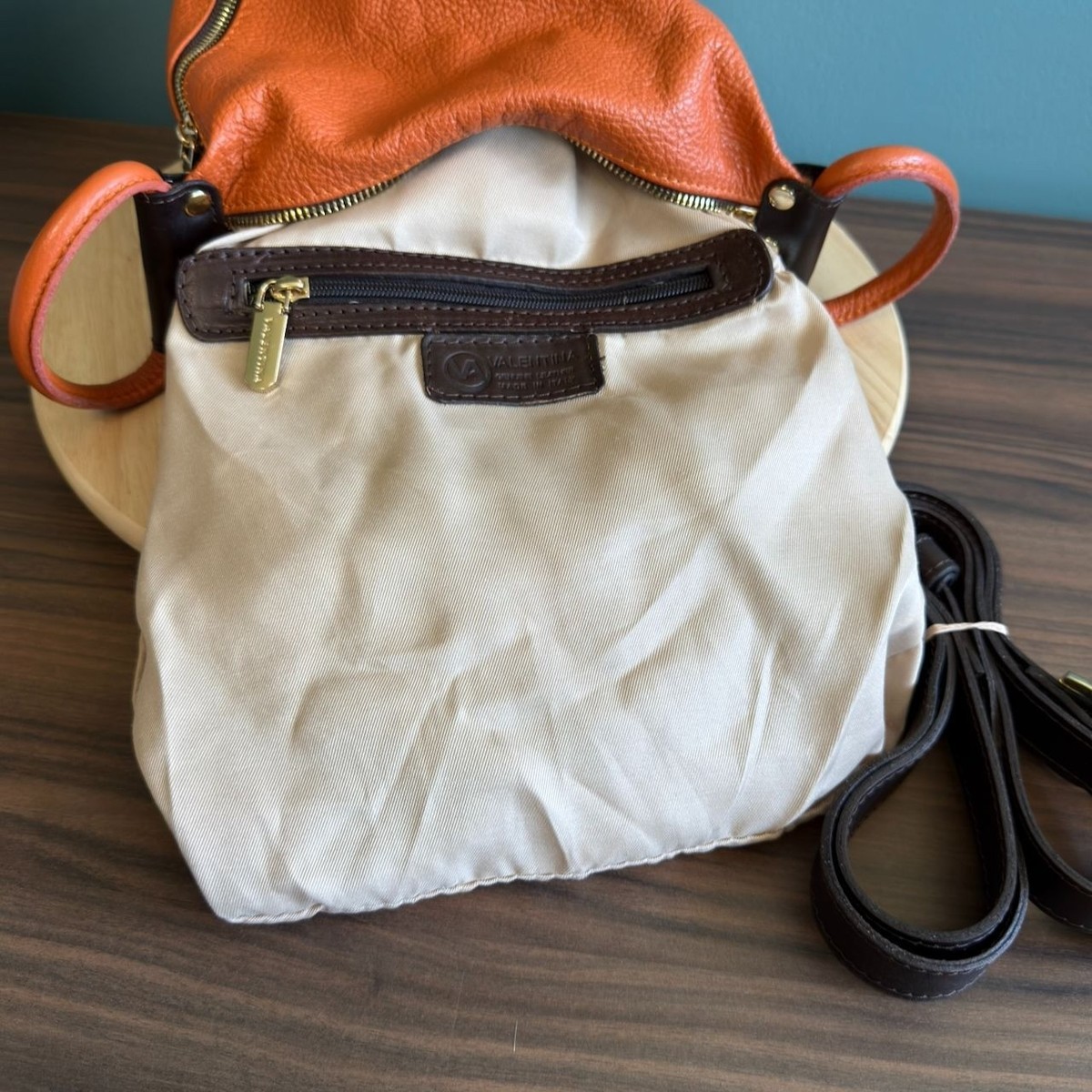 Valentina Italian Leather Shoulder Backpack Pebbled Orange Brown Many Pockets Valentina Italian Leather Shoulder Backpack Pebbled Orange  main image 4