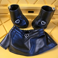 Build A Bear Workshop Black Faux Leather Boots & Skirt Outfit BAB Hearts