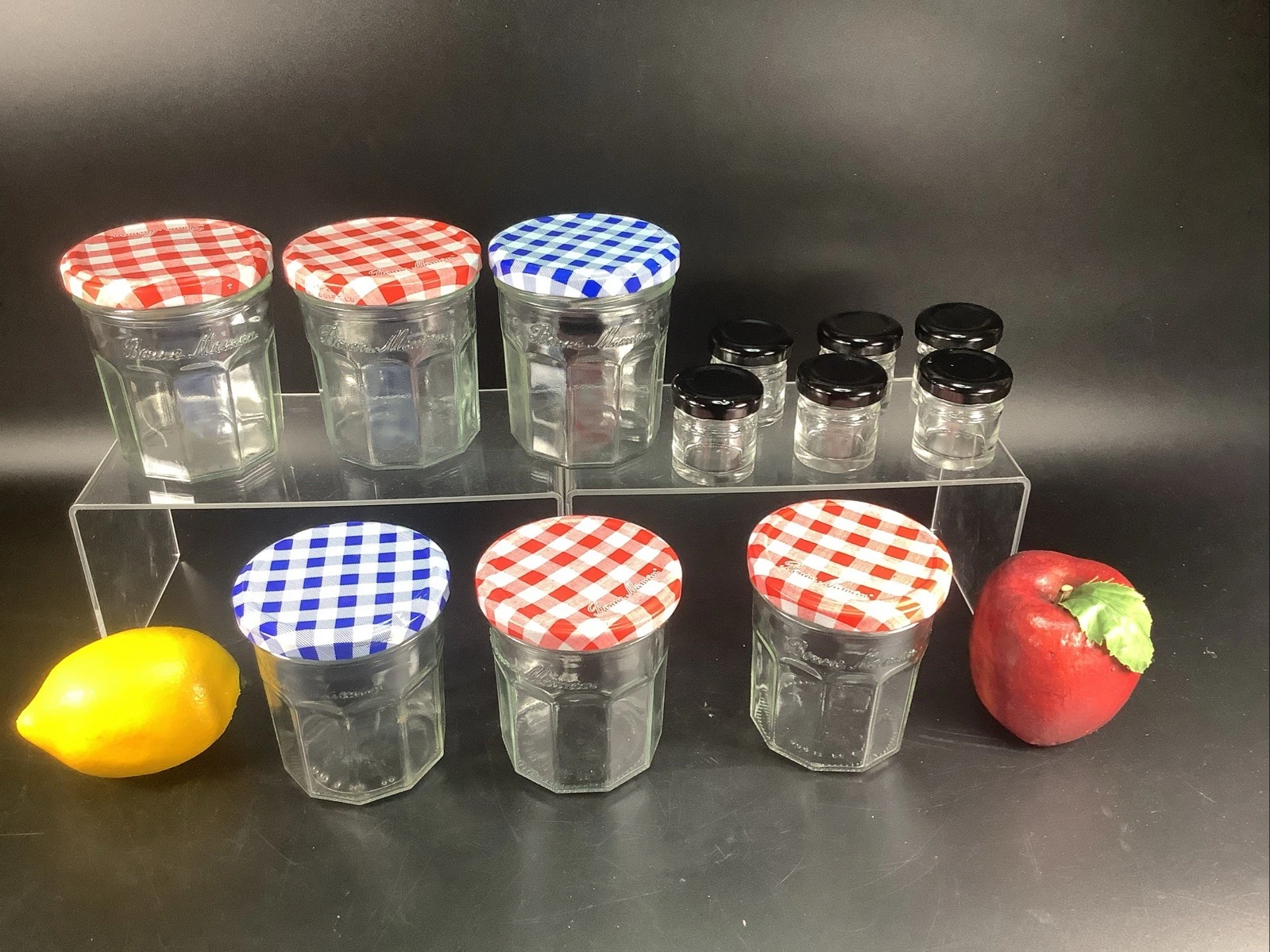 12ct Glass Jelly Jars (6 Ea) 1-Oz Mini + Bonne Maman 11-Oz Red Blue Gingham Lids
Opens in a new wind