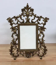 Vintage Brass Cast Metal Easel Back Picture Photo Frame Baroque/Rococo Style