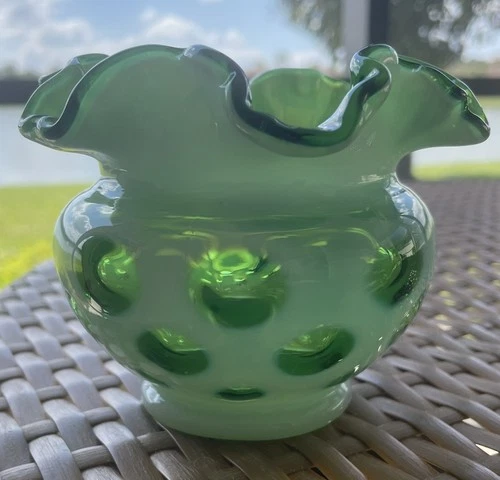 Vintage Fenton Green Opalescent Coin Dot 3.5 Inch Vase. Very nice!