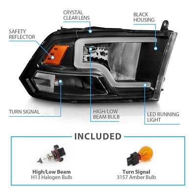 PAIR Of Black Amber Headlight Assemblies For 2009-2018 Dodge Ram 1500/2500/3500 - U-Shaped, Halogen, DOT/SAE