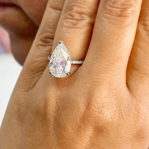 3.24 TCW Pear Cut Moissanite Hidden Halo Engagement Ring 14k White Gold Plated - Picture 4 of 9