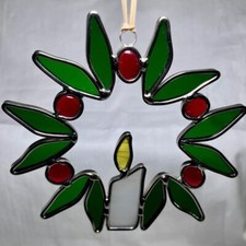 Vintage Stained Glass Christmas Holly Wreath Window Ornament Hanging 6  