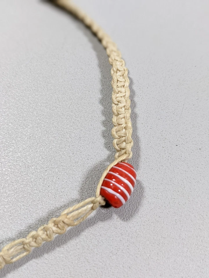 Artisan woven Style Beige Cord Red White Glass Bead Ankle Bracelet Anklet 12 in - Image 2 of 4