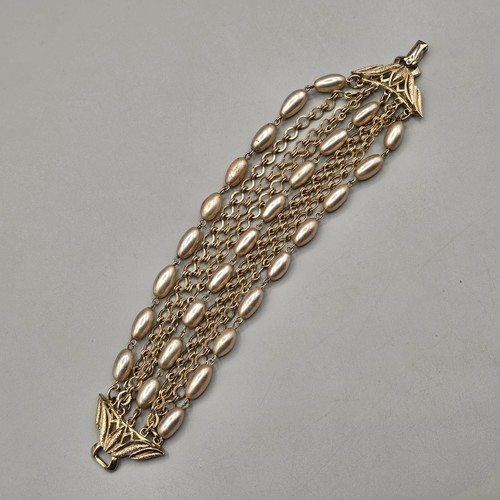Vintage Coro Perlenimitat Armband goldfarben mehrere Kette MCM Grünspan 7 Zoll - Bild 2 von 11