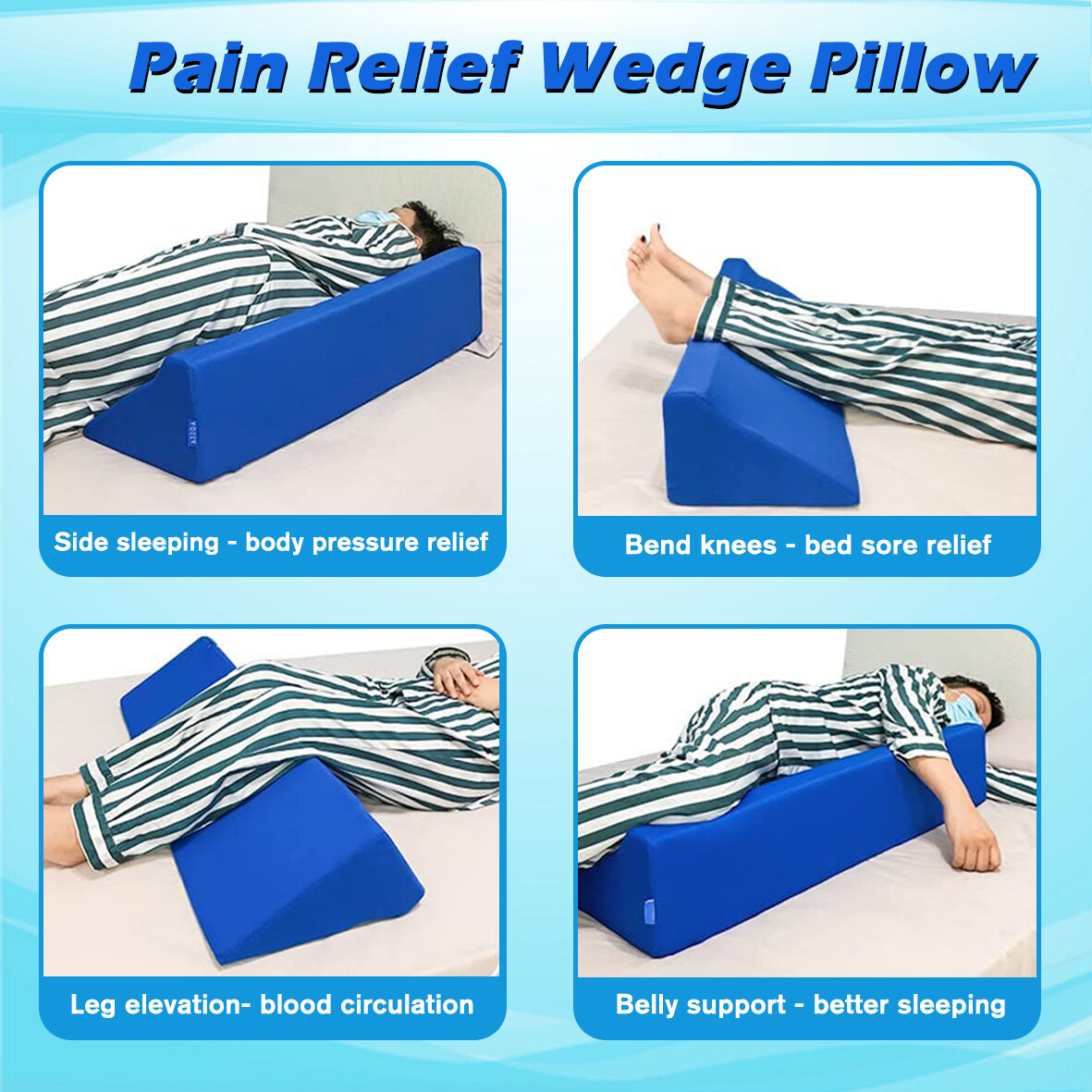 Blue Wedge Pillow Foam Bed 30° Incline For Side Sleeper Medical Elevated Bolster