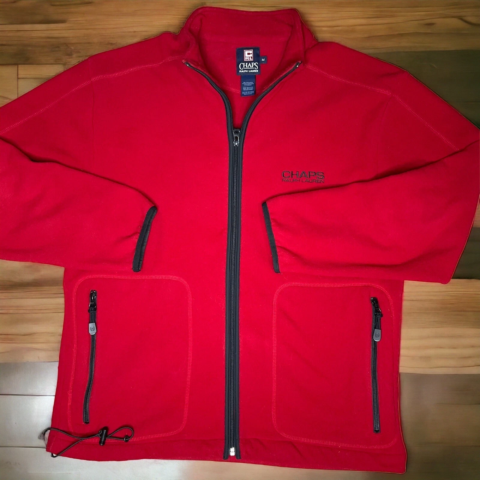 VTG Chaps Ralph Lauren Fleece Zipper Front Jacket Chaps RL Logo Red Mens Med