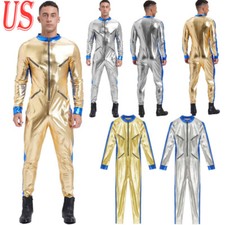 US Mens Astronaut Costume Shiny Unitard Jumpsuit Bodysuit Space Party Dress up