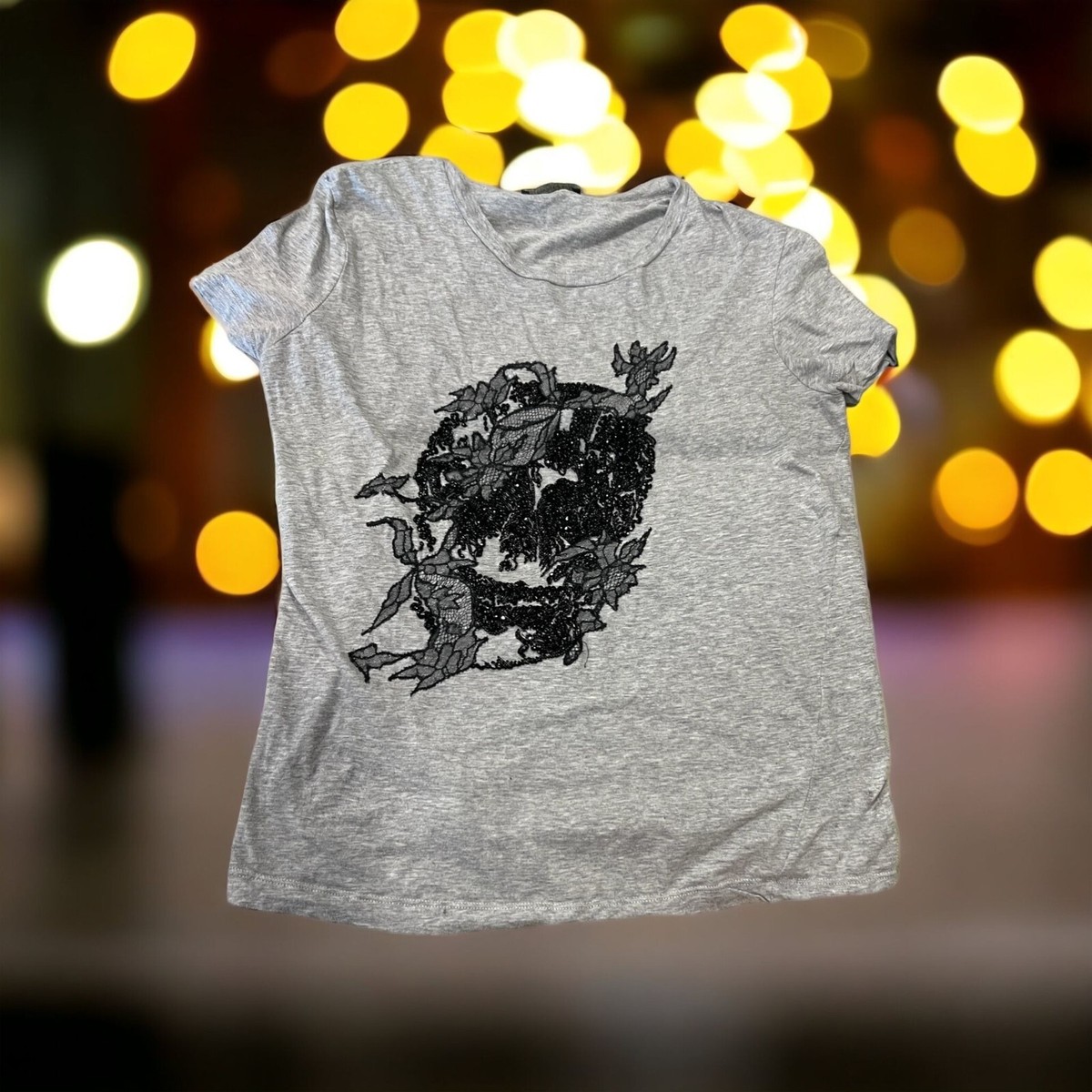Alexander McQueen Embellished Skull T Shirt Gray Black Sz 40 US 4
