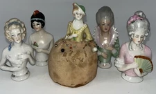 Antique Victorian Porcelain Pincushion Half Doll Collection Quantity 5