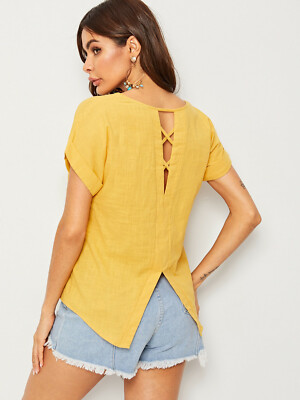 SHEIN Criss-Cross Peak-a-Boo Back Slit Hem Yellow Blouse~BrandNew
