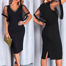 Womens Sexy V Neck Mesh Short Sleeve Midi Dress Bodycon Cocktail Party Dress