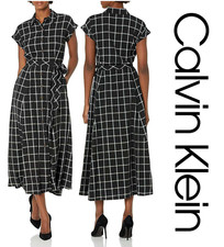 NWT CALVIN KLEIN Gauze Windowpane Midi Shirtdress Belted Short Sleeve Size 10