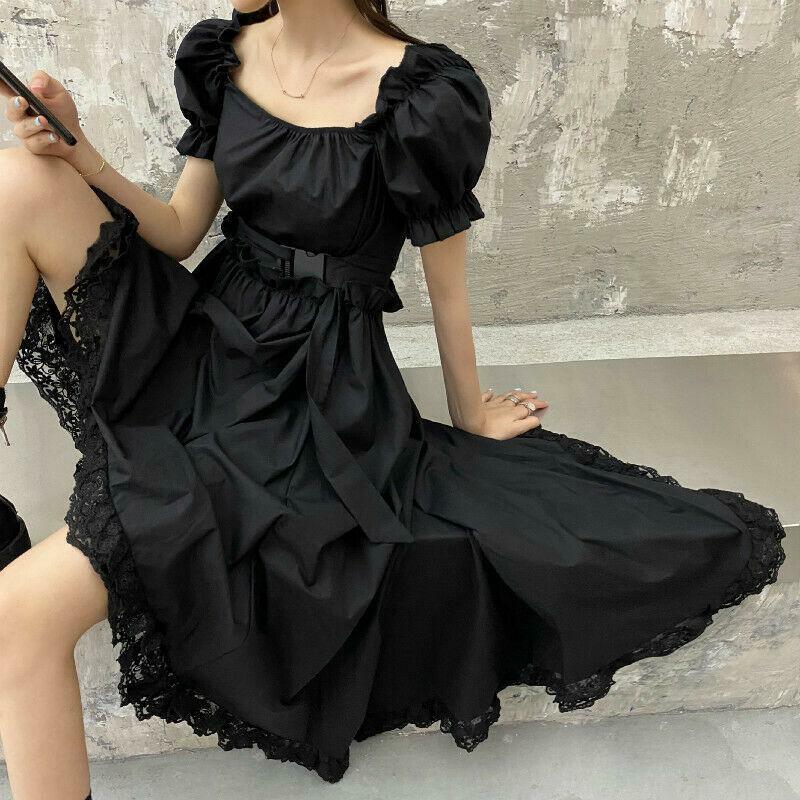Womens Ruffle Asymmetric Dress Gothic Lolita Puff Sleeve Midi Lace