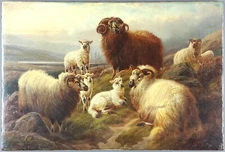 Ancien Tableau Robert Watson (1865-1916) Peinture Huile Moutons Painting Sheep