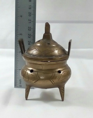 INCENSE BURNER Vtg Brass Holder Lid Etched Pierced Tri ft Handles China Chinese - Picture 7 of 8