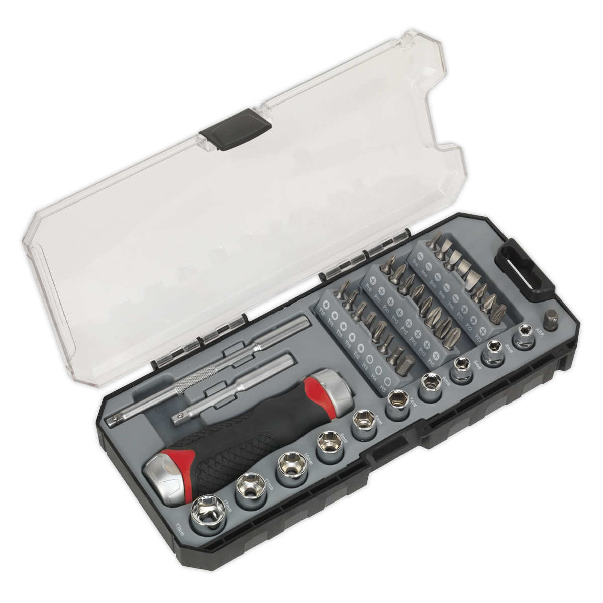 Sealey Fine Tooth Ratchet Screwdriver & Accessory Set 38pc Garage Workshop DIY