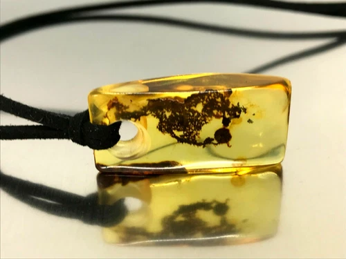 AMBER PENDANT Gift Unique Rectangular Baltic Amber Bead On Black Cord 6,5g 18116