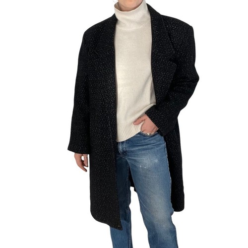 Vintage 1990s Black White Speckled 100% Wool Mid Length Trench Coat Sz 16 - Picture 6 of 11