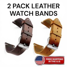 2 Pack 20mm Vintage Leather Watch Bands Distressed Brown Replacement Strap