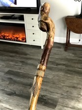 OLD ANTIQUE 1800s HAND-CARVED SNAKE WOODEN WALKING STICK WOOD BURNED CANE 35"