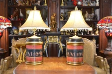Pair Vintage Baldwin English Tole Ceramic Tea Canister Table Lamps No Shades