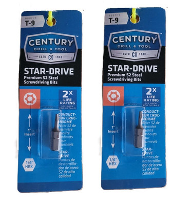 (2) T-9 Star Drive Screwdriving Bit Premium S2 Steel 1/4'' Hex CENTURY 68709