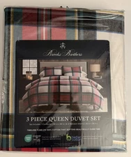 BROOKS BROTHERS White Red Multi Cotton Flannel 3PC QUEEN Duvet Cover Set NWT