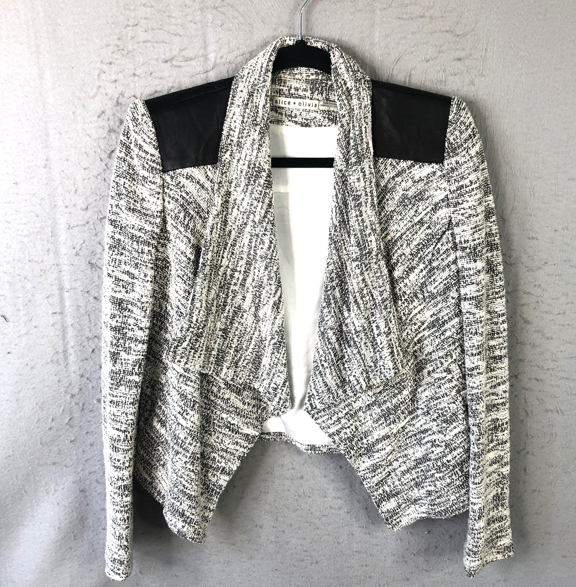 Alice + Olivia Jacket Womens 4 Black White Tweed Leather Trim Mod