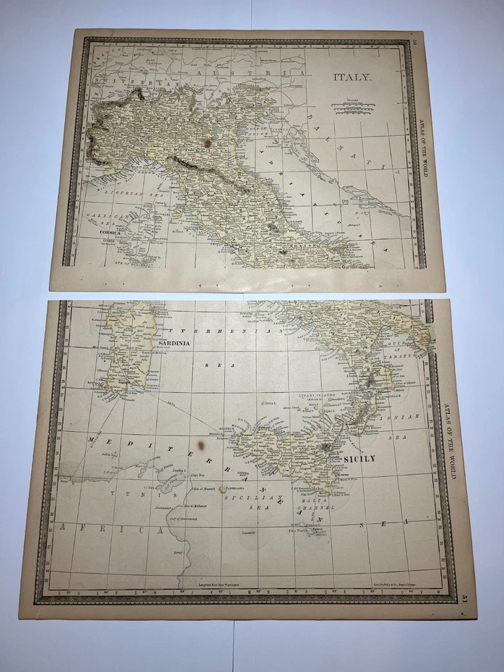 Mapa de ITALIA 1890 2 piezas Fm 1890 Rand-McNally Atlas VER FOTOS y DESCRIPCIÓN Foto 2 de 4
