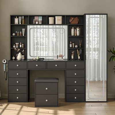 Makeup Vanity Full Length Mirror, Vanity Desk w 12 Drawers, vanity w LED Lights